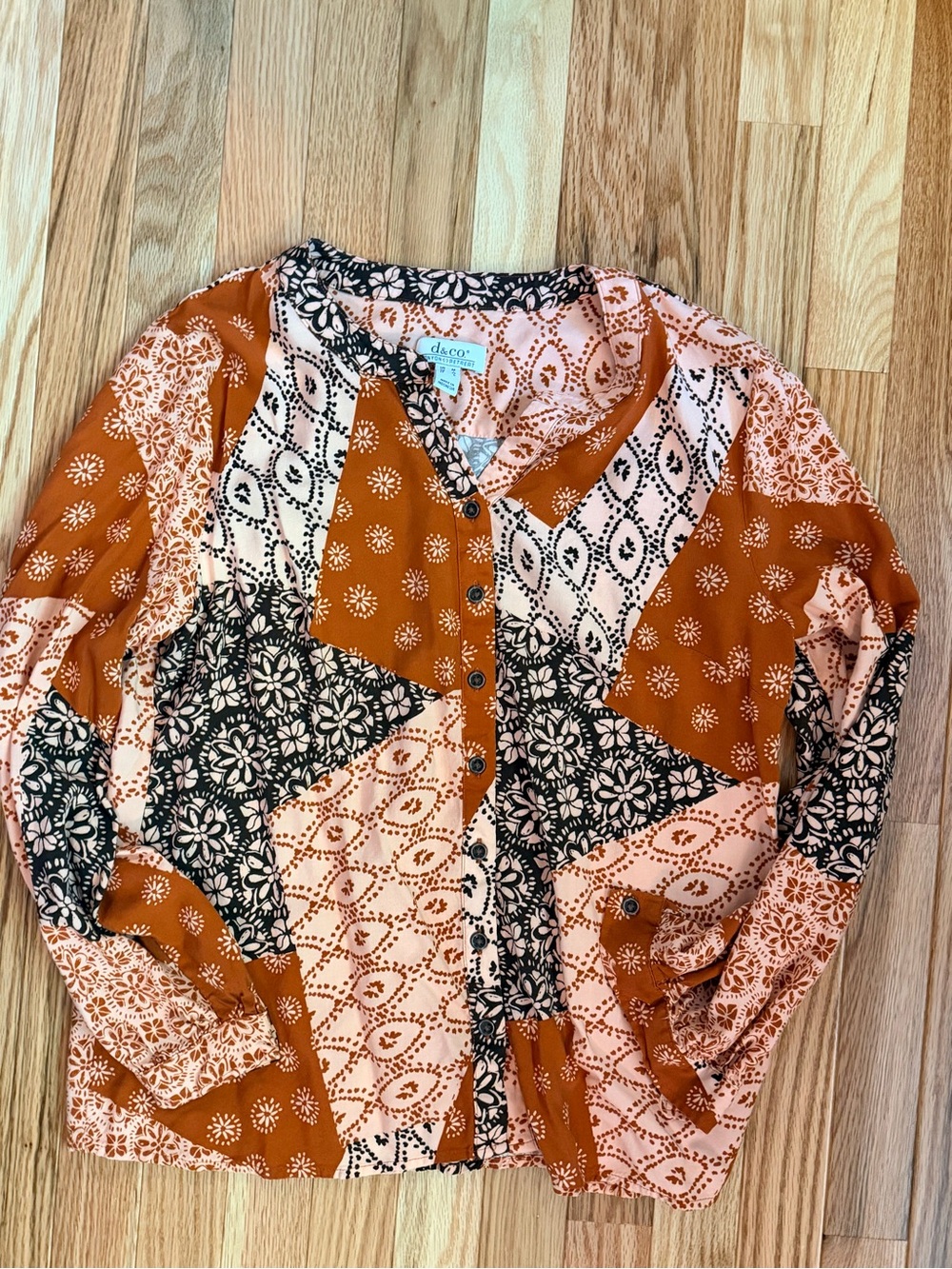 Vibrant Rust & Blush Patchwork Button-Down Blouse